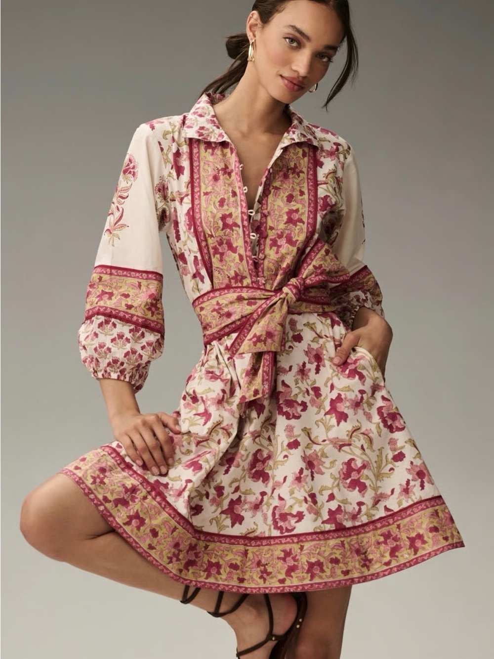 Sue Sartor Pink Floral Cotton Mini Dress | Size Medium | NWT | Missing Belt